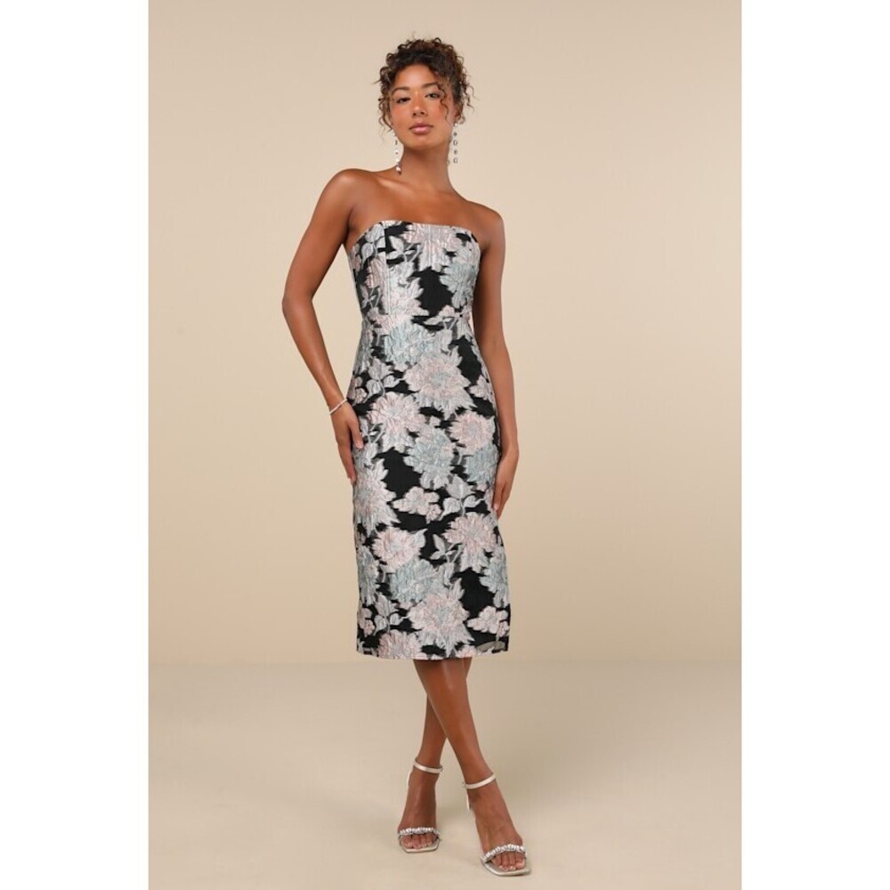 Lulus Upgraded Event Black Jacquard Strapless Bustier Midi Dress - Size XS